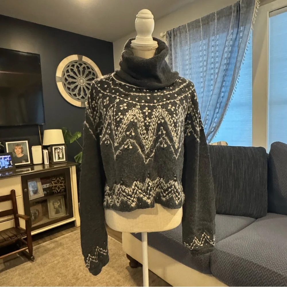 Free People Chunky Knit Embellished Cowl Neck Sweater – Size M - Picture 1 of 9